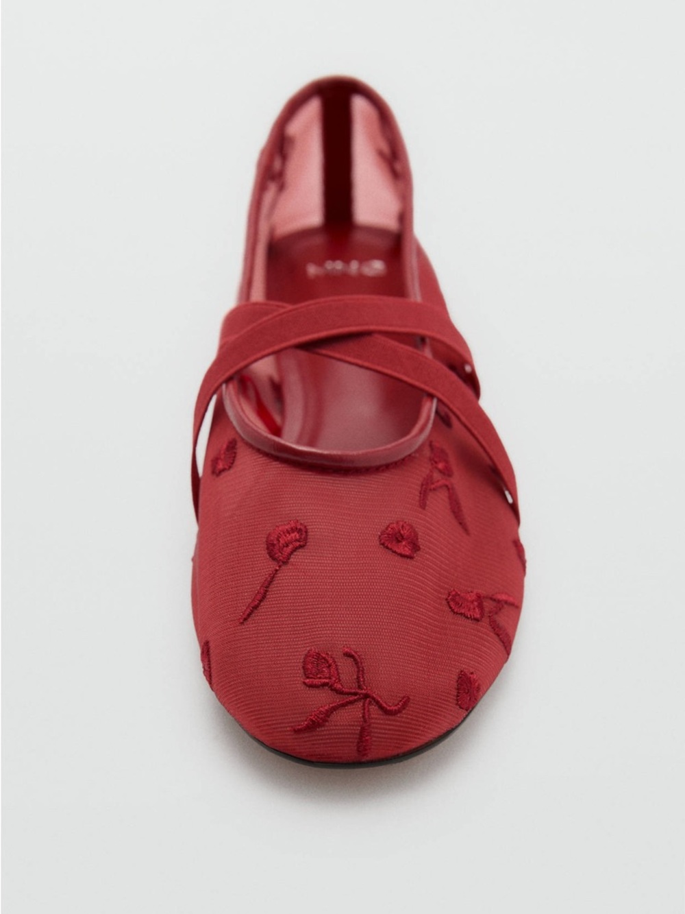 Mango Ballet Flats with Cross Straps Embroidered Flowers Red Mesh Euro 37 US 6.5